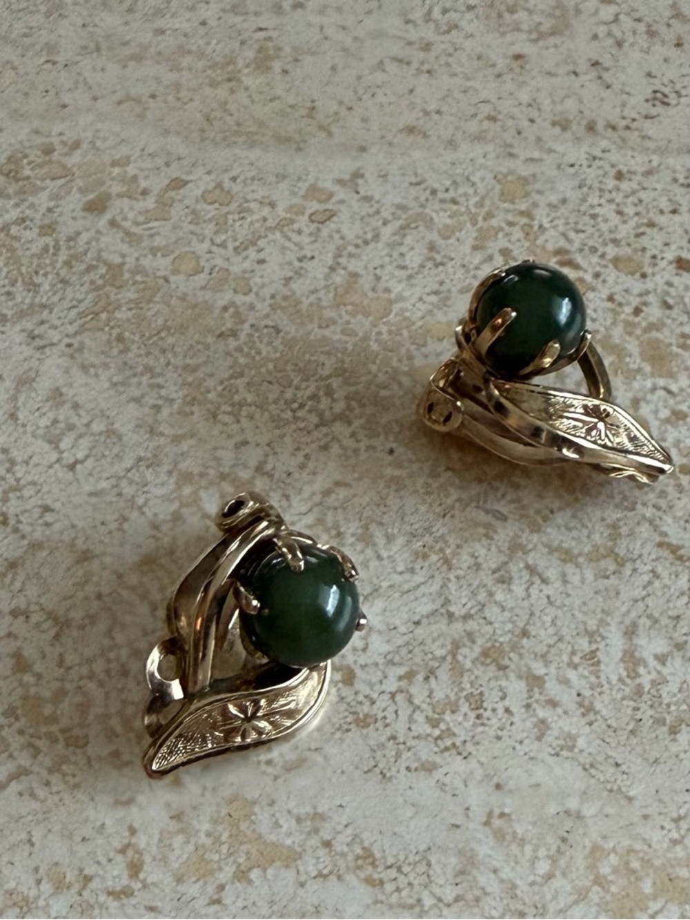 Vintage Gold-Tone Leaf Clip Earrings with Green Cabochon marked & patented
